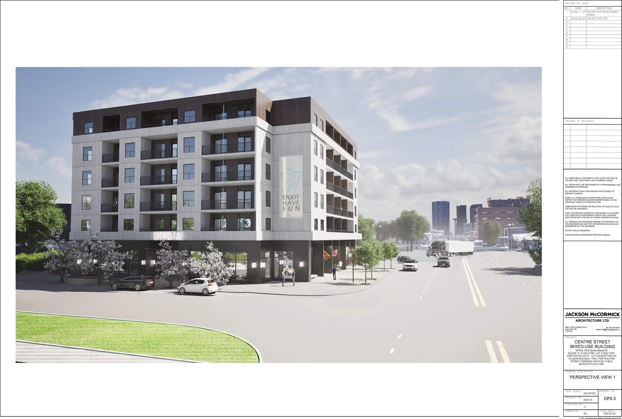 Rendering of building from page 2 of the file 'DP2025-06335 DMAP Plans Amended (10MB) 2026-02-23'