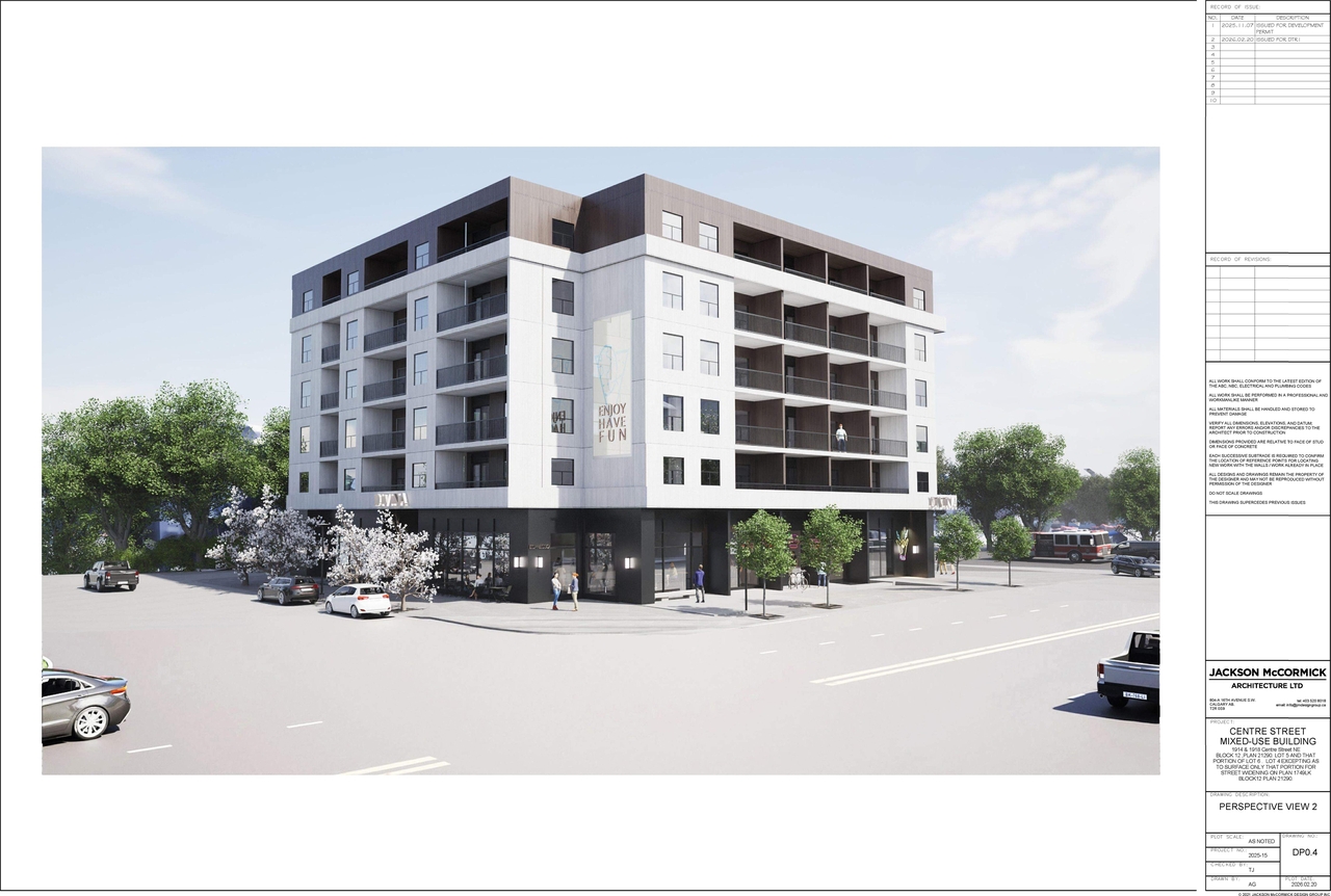 Rendering of building from page 3 of the file 'DP2025-06335 DMAP Plans Amended (10MB) 2026-02-23'