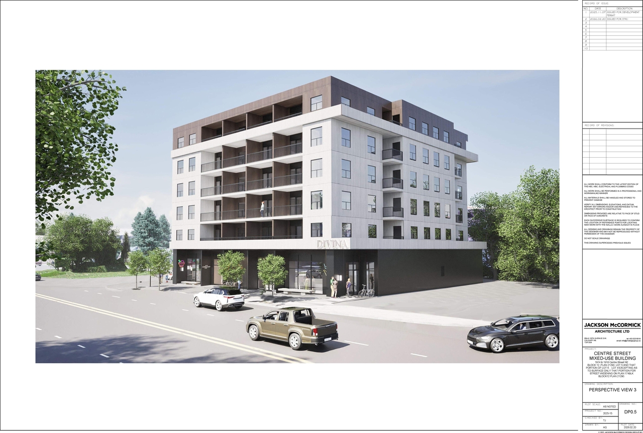 Rendering of building from page 4 of the file 'DP2025-06335 DMAP Plans Amended (10MB) 2026-02-23'