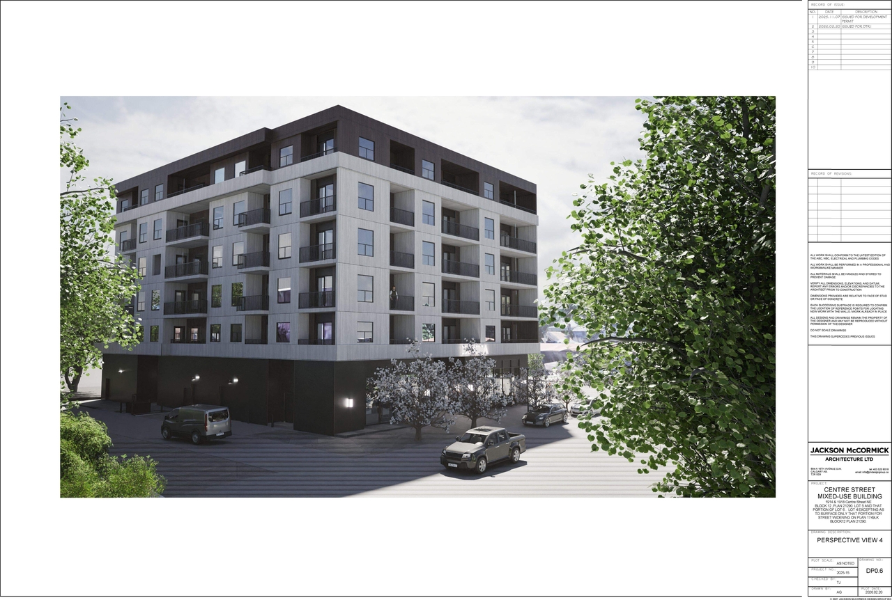 Rendering of building from page 5 of the file 'DP2025-06335 DMAP Plans Amended (10MB) 2026-02-23'