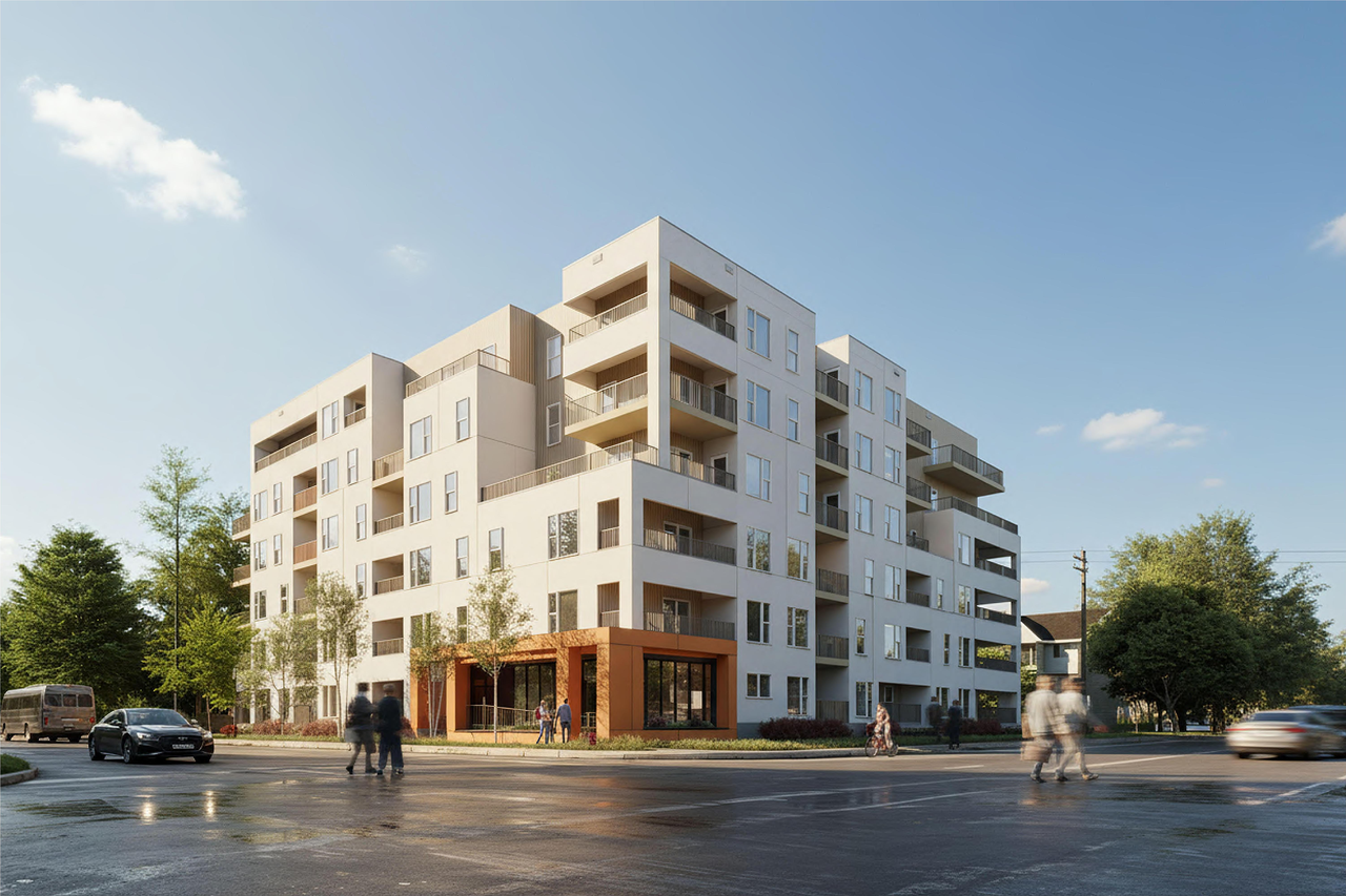 Rendering of building from page 5 of the file 'DMAP Plans (Submitted) DP2025-06412 (2MB) 2025-11-14'