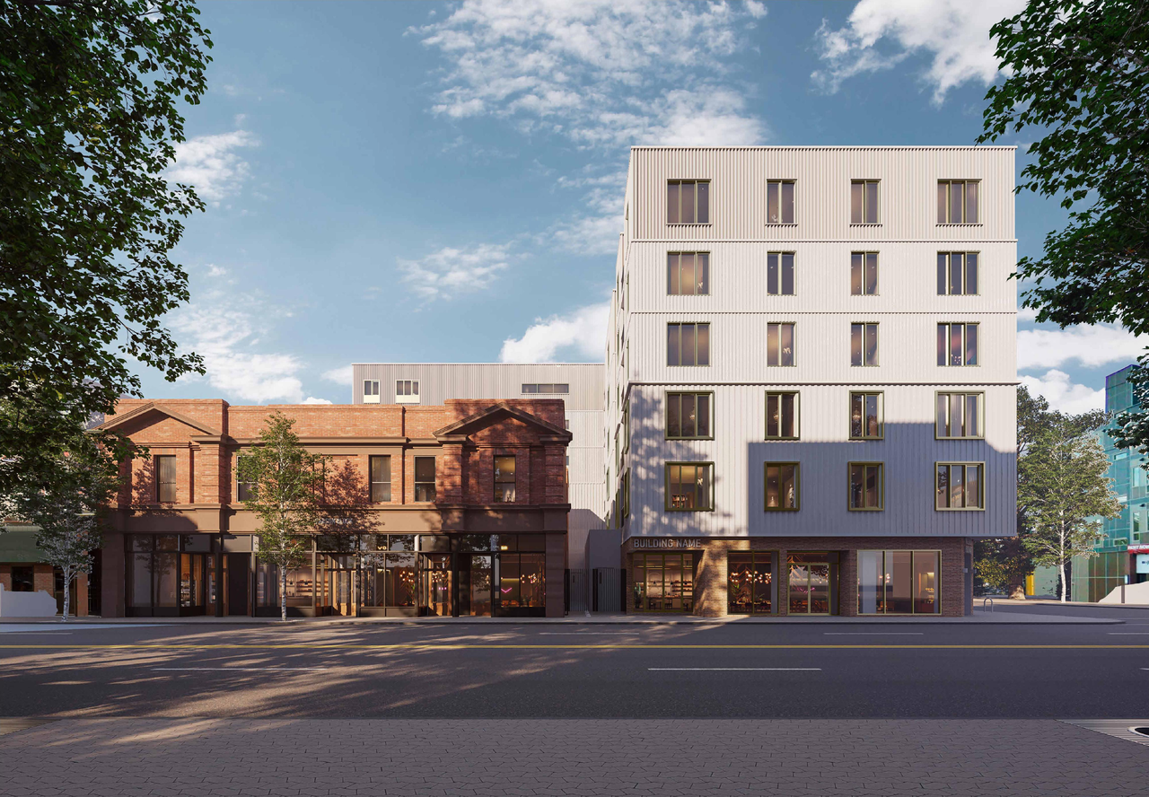 Rendering of building from page 1 of the file 'DP2025-06579 - DMAP Decision Rendered (12MB) 2026-06-26'