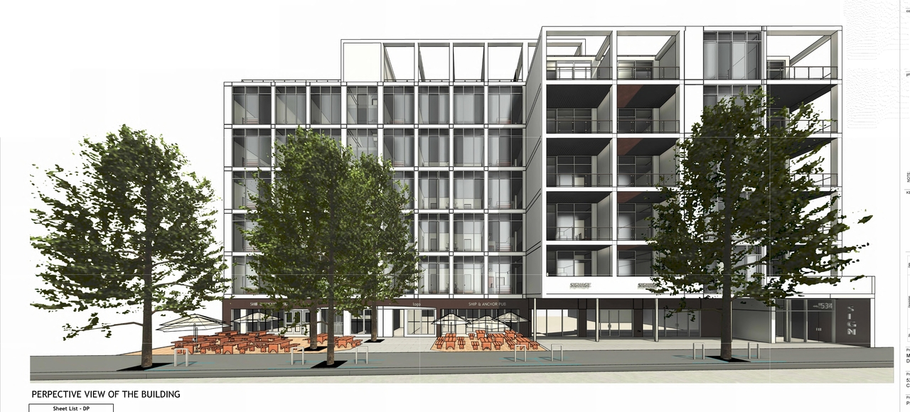 Rendering of building from page 1 of the file 'DP2025-06592 - DMAP Plans (amended) 2026-06-19 (8MB)'