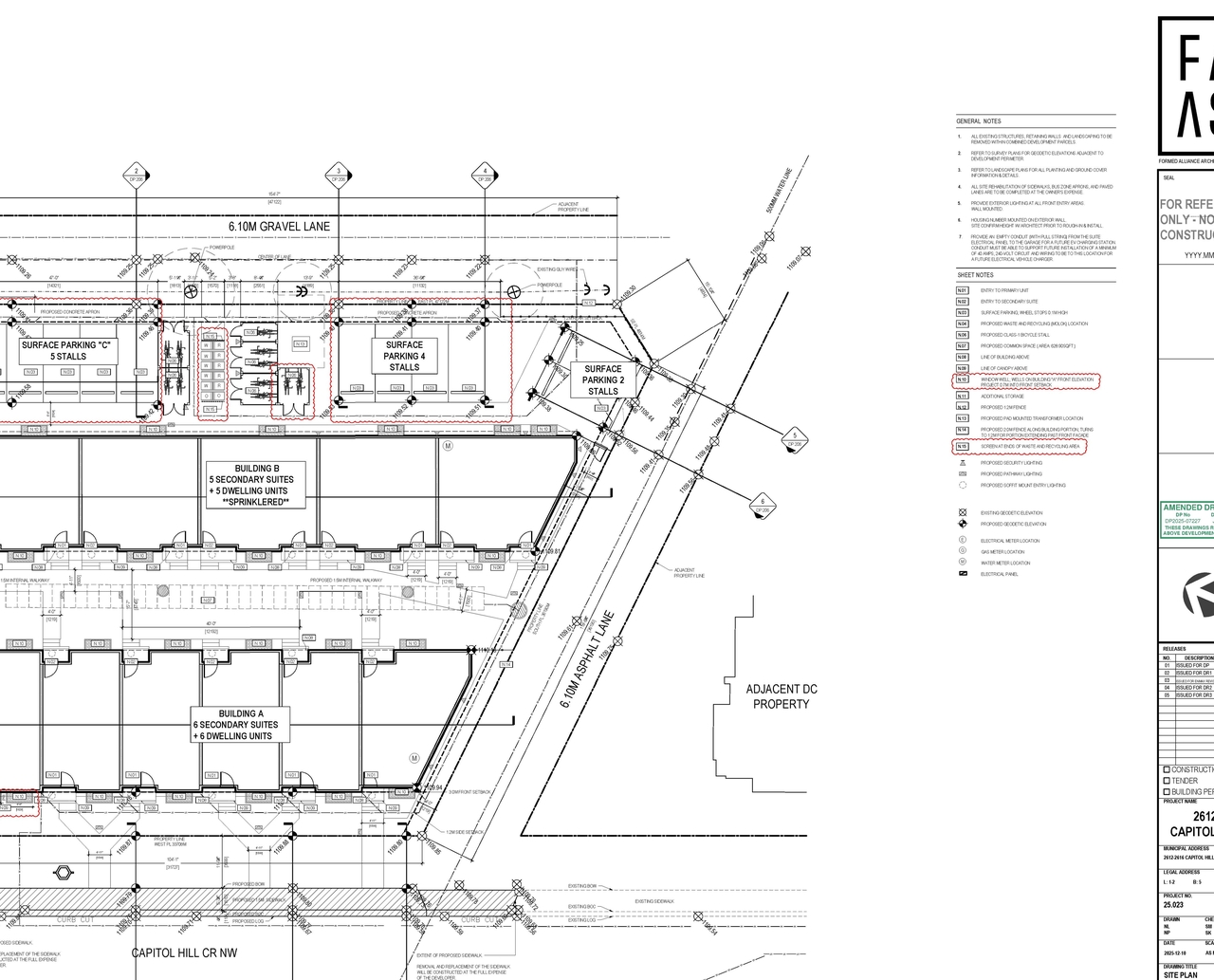 Construction site plan for project from page 3 of the file 'DP2025-07227 - DMAP Plans Amended (5MB) 2026-07-08'