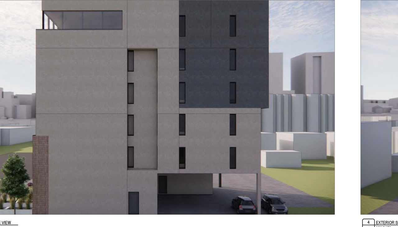 Rendering of building from page 10 of the file 'DMAP Plans (Submitted) DP2025-07376 (6MB) 2025-12-21'