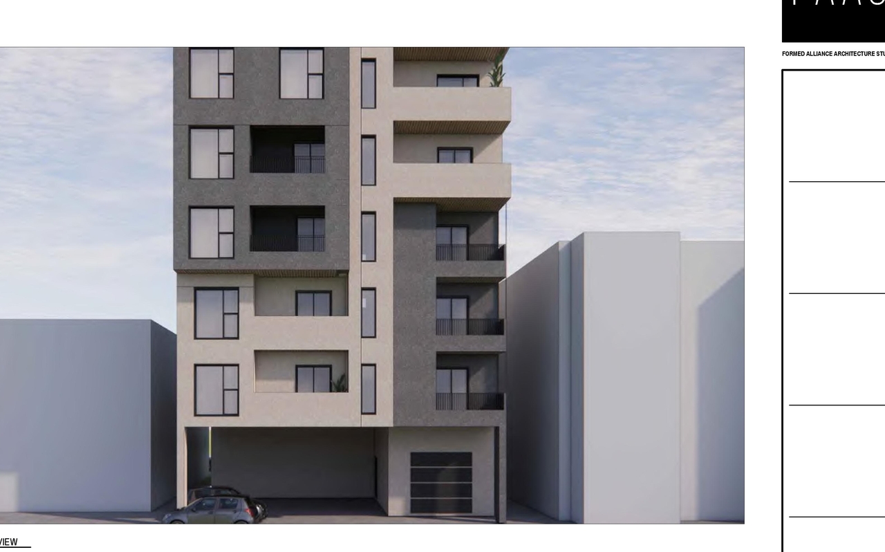 Rendering of building from page 10 of the file 'DMAP Plans (Submitted) DP2025-07376 (6MB) 2025-12-21'