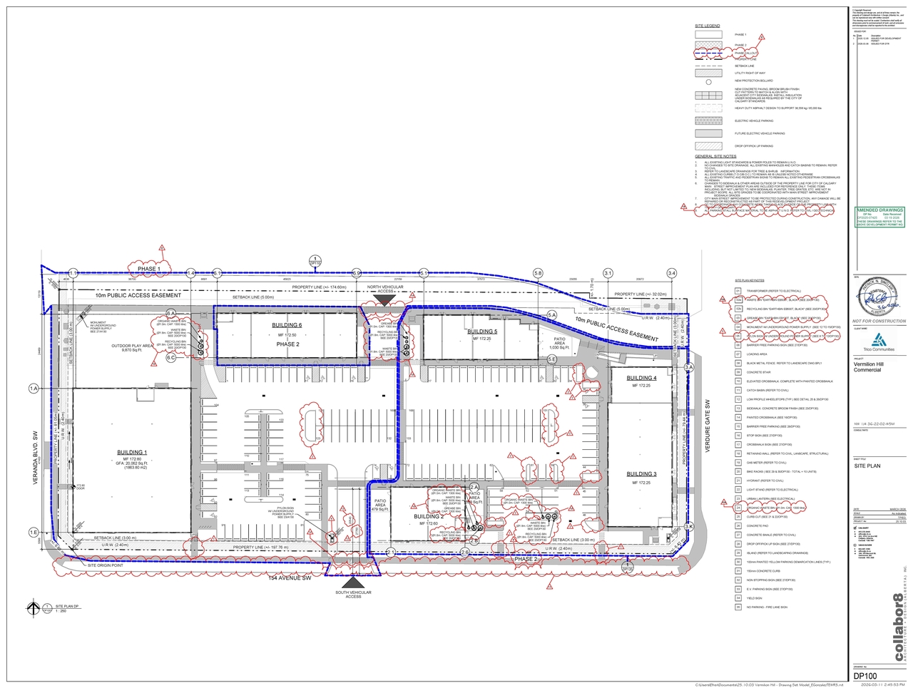 Construction site plan for project from page 3 of the file 'DP2025-07425 DMAP Amended Plans (13MB) 2026-03-19'