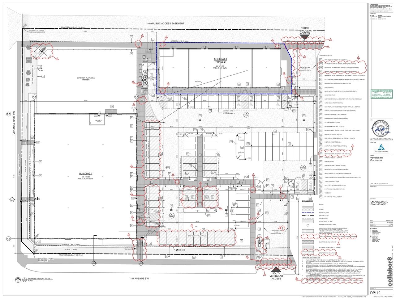 Construction site plan for project from page 4 of the file 'DP2025-07425 DMAP Amended Plans (13MB) 2026-03-19'