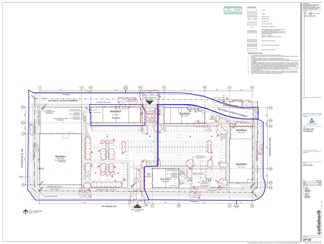 Construction site plan for project from page 1 of the file 'DP2025-07425 DMAP Plans (amended) 2026-06-10 (8MB)'