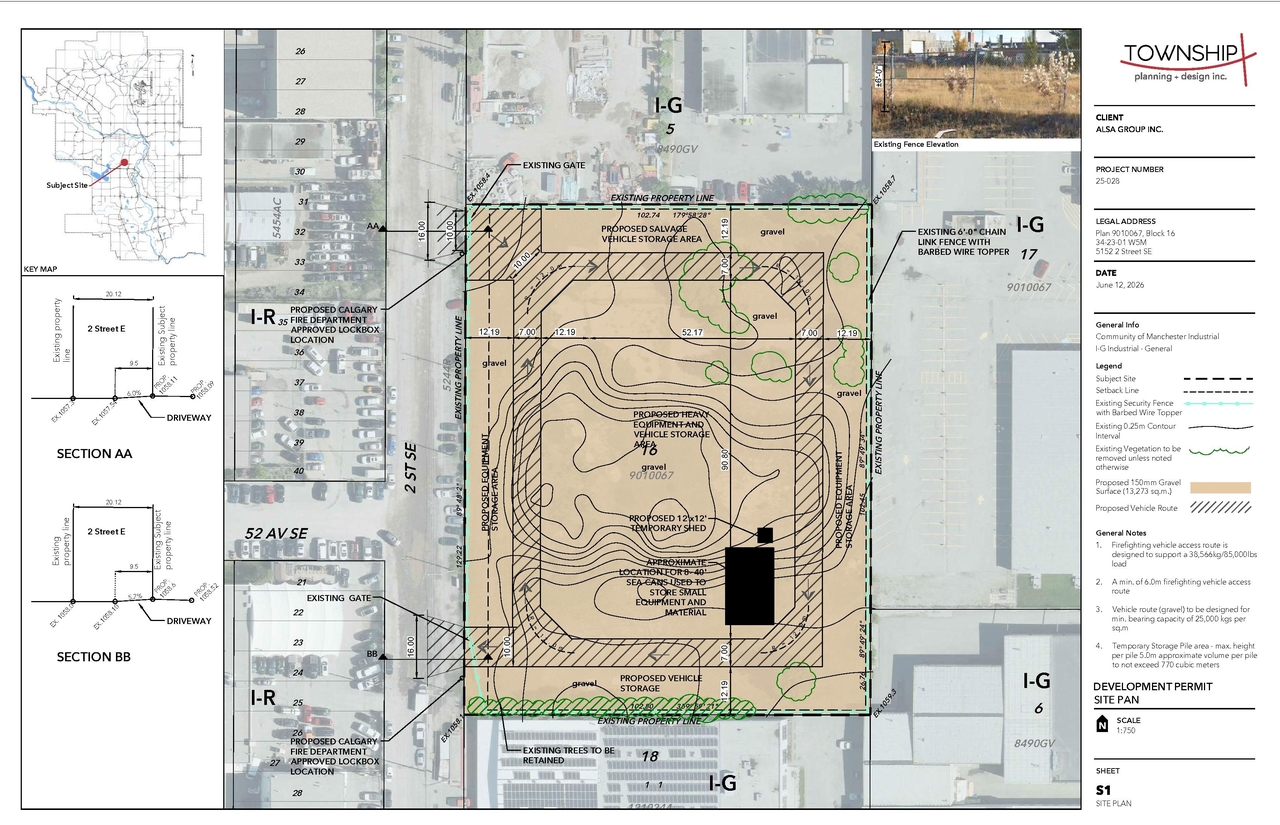 Construction site plan for project from page 1 of the file 'DP2025-07426 DMAP Plans Amended 2026-06-23 (1MB)'