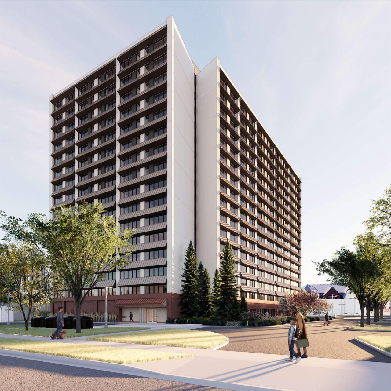 Rendering of building from page 1 of the file 'DP2025-07446 DMAP Plans Submitted 2025-12-23 (14MB)'