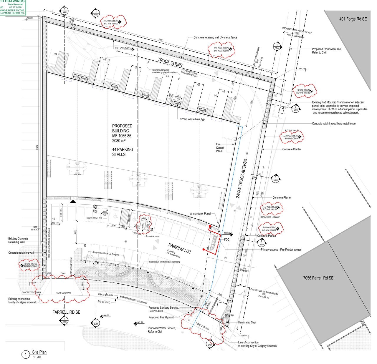 Construction site plan for project from page 2 of the file 'DP2025-07468 DMAP Plans (Submitted) 2026-02-17 (9MB)'