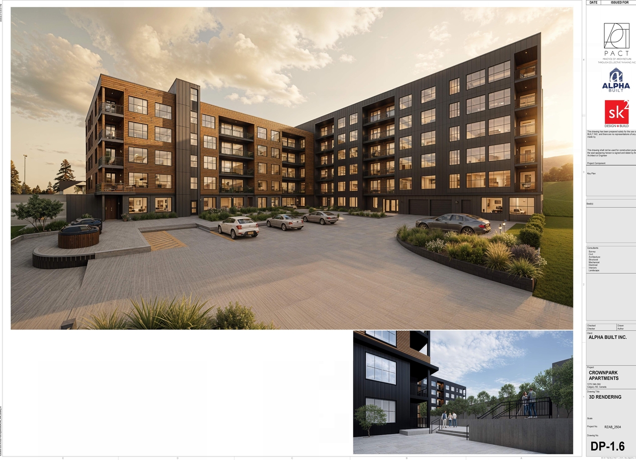 Rendering of building from page 6 of the file 'DP2026-00006 DMAP Plans (Amended) 2026-04-23 (14MB)'