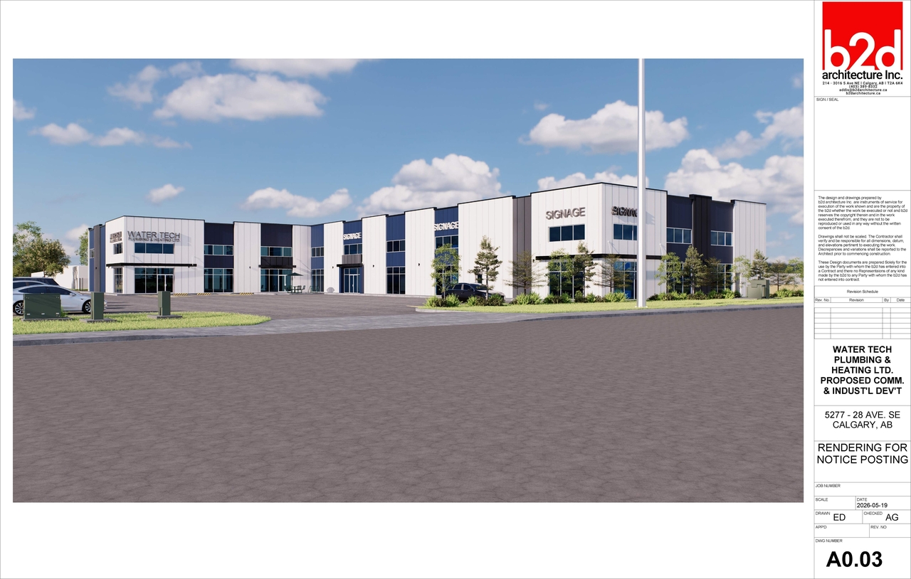 Rendering of building from page 4 of the file 'DP2026-00028 DMAP Plans (Amended) 2026-05-25 (5MB)'