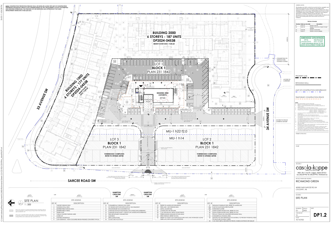 Construction site plan for project from page 2 of the file 'DP2026-00472 DMAP Amended Plans (13MB) 2026-05-13'
