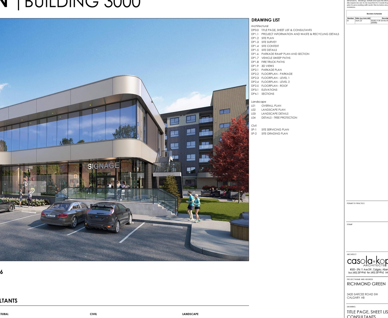 Rendering of building from page 1 of the file 'DP2026-00472 DMAP Plans Submitted (10MB) 2026-01-28'