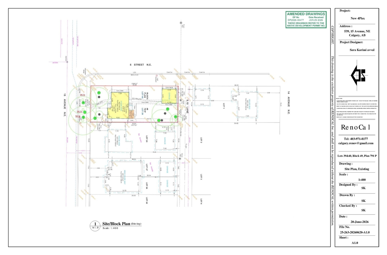 Construction site plan for project from page 1 of the file 'DP2026-00477 DMAP Plans (Amended) 2026-06-29 (1MB)'