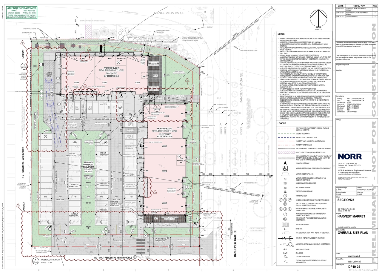 Construction site plan for project from page 3 of the file 'DP2026-00656 DMAP Plans (Amended) 2026-04-23 (7MB)'