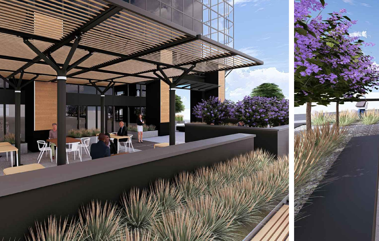 Rendering of building from page 8 of the file 'DP2026-00737 DMAP Plans Submitted (8MB) 2026-02-11'