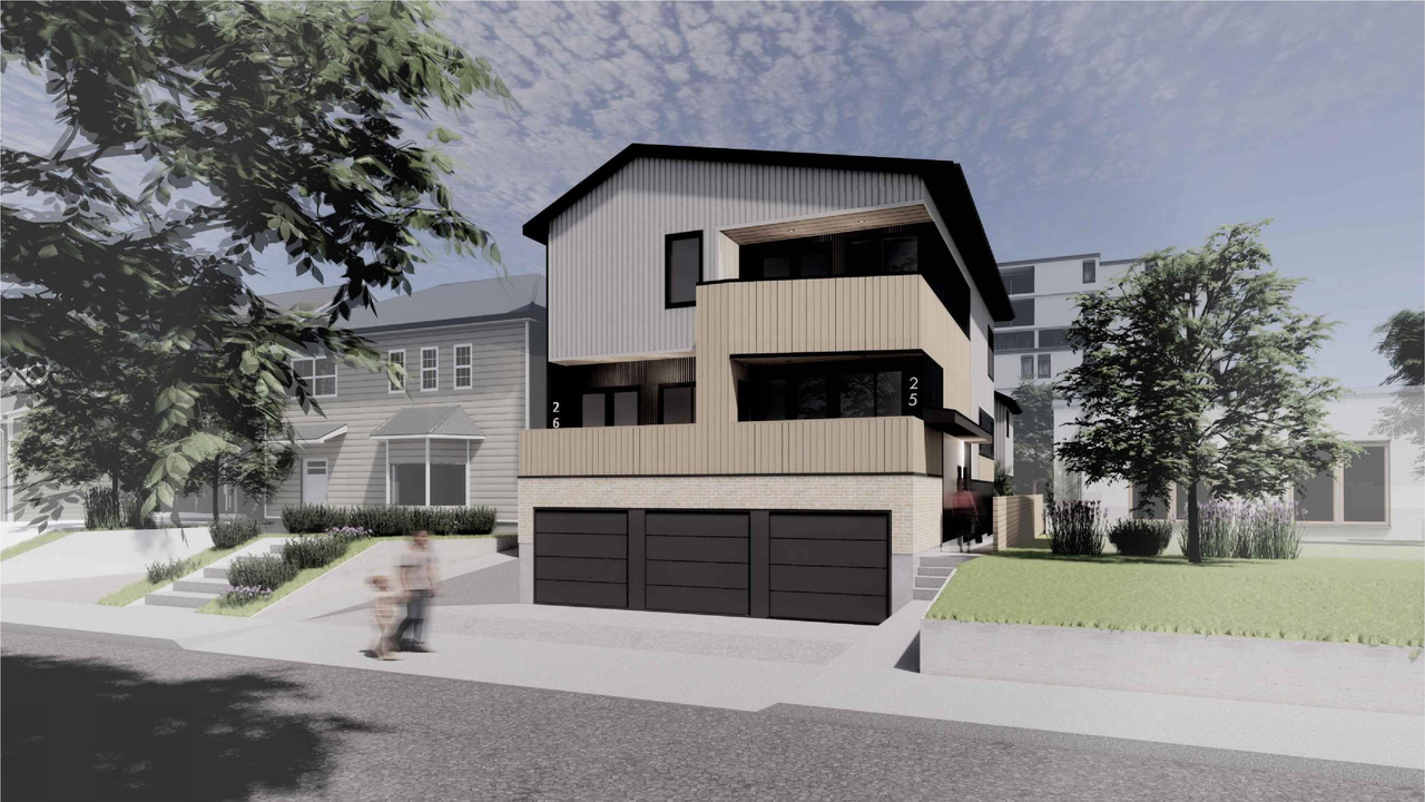 Rendering of building from page 11 of the file 'DP2026-00825 DMAP Plans Submitted 2026-02-23 9MB'