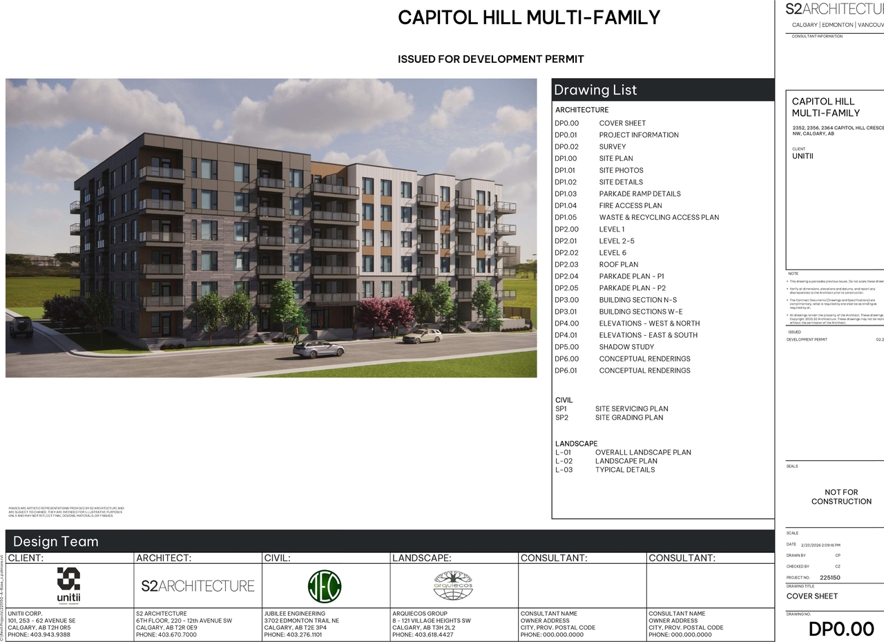 Rendering of building from page 1 of the file 'DP2026-00994 DMAP Plans Submitted (5MB) 2026-02-24'