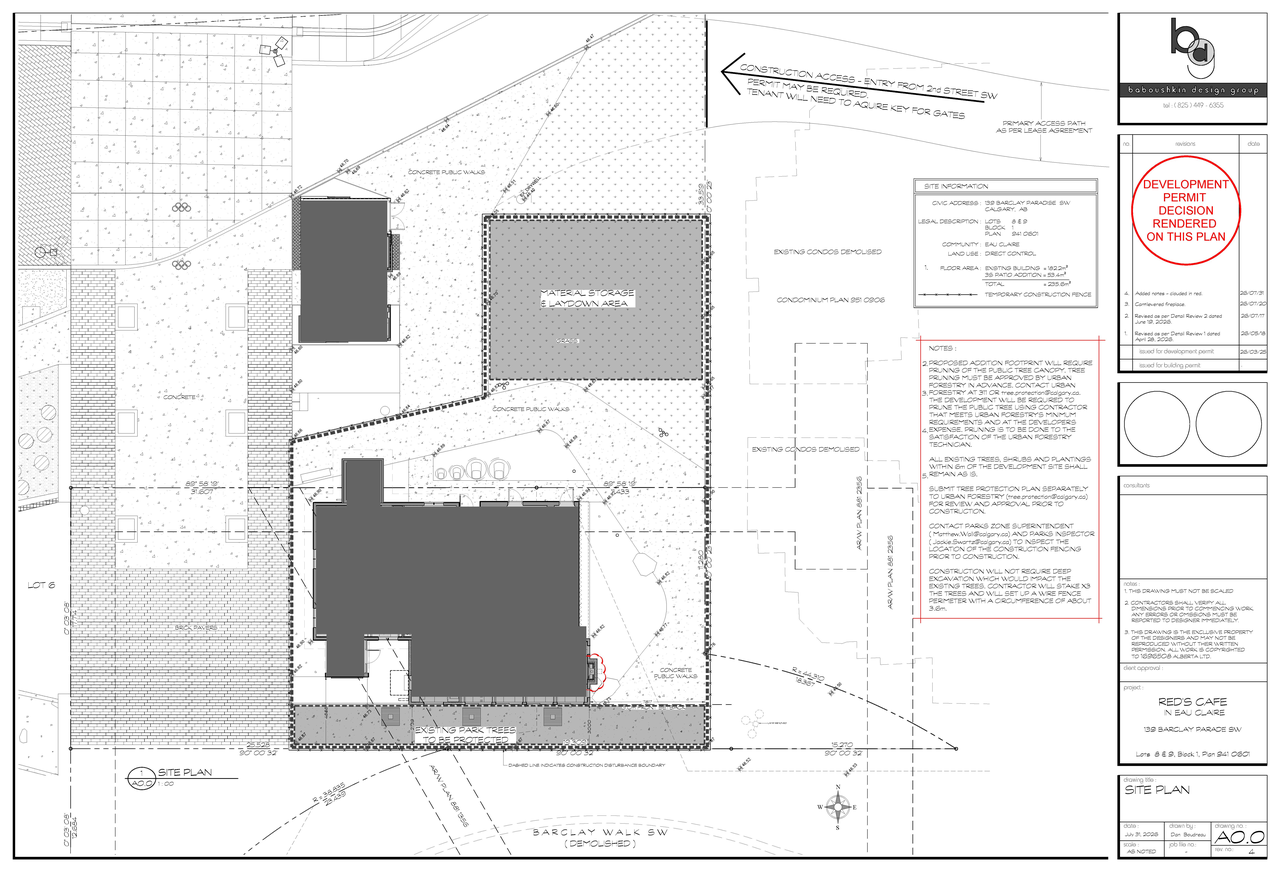 Construction site plan for project from page 1 of the file 'DP2026-01199 - DMAP DECISION RENDERED (4MB) 2026-08-12'