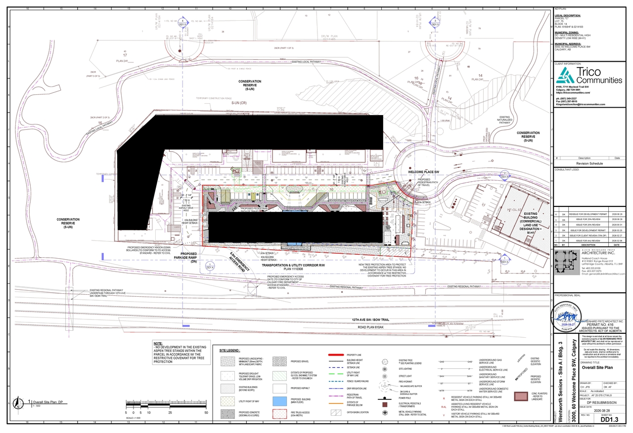 Construction site plan for project from page 3 of the file 'DP2026-01661 DMAP Plans (Amended) 2026-08-28 (14MB)'