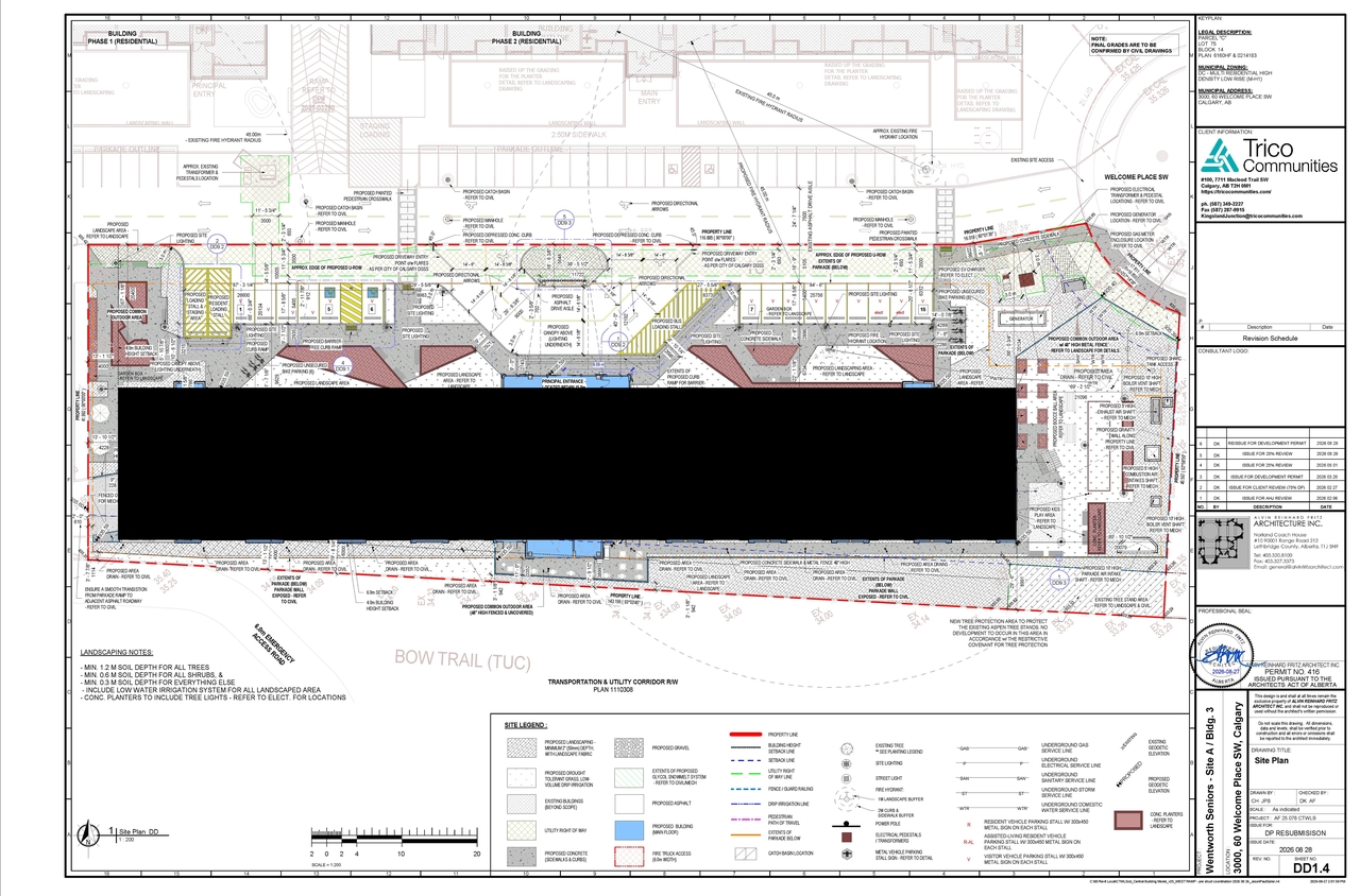 Construction site plan for project from page 4 of the file 'DP2026-01661 DMAP Plans (Amended) 2026-08-28 (14MB)'