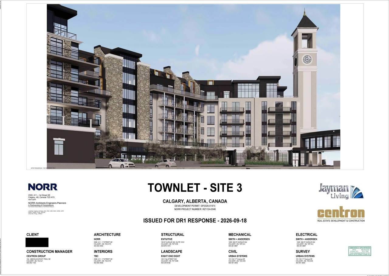 Rendering of building from page 1 of the file 'DP2026-01975 DMAP Plans (Amended) 2026-09-21 (26MB)'