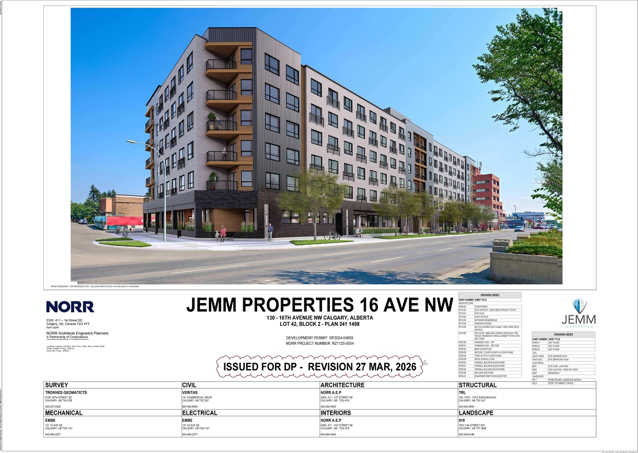 Rendering of building from page 1 of the file 'DP2026-02330 DMAP Plans (Submitted) 2026-04-22 (24MB)'