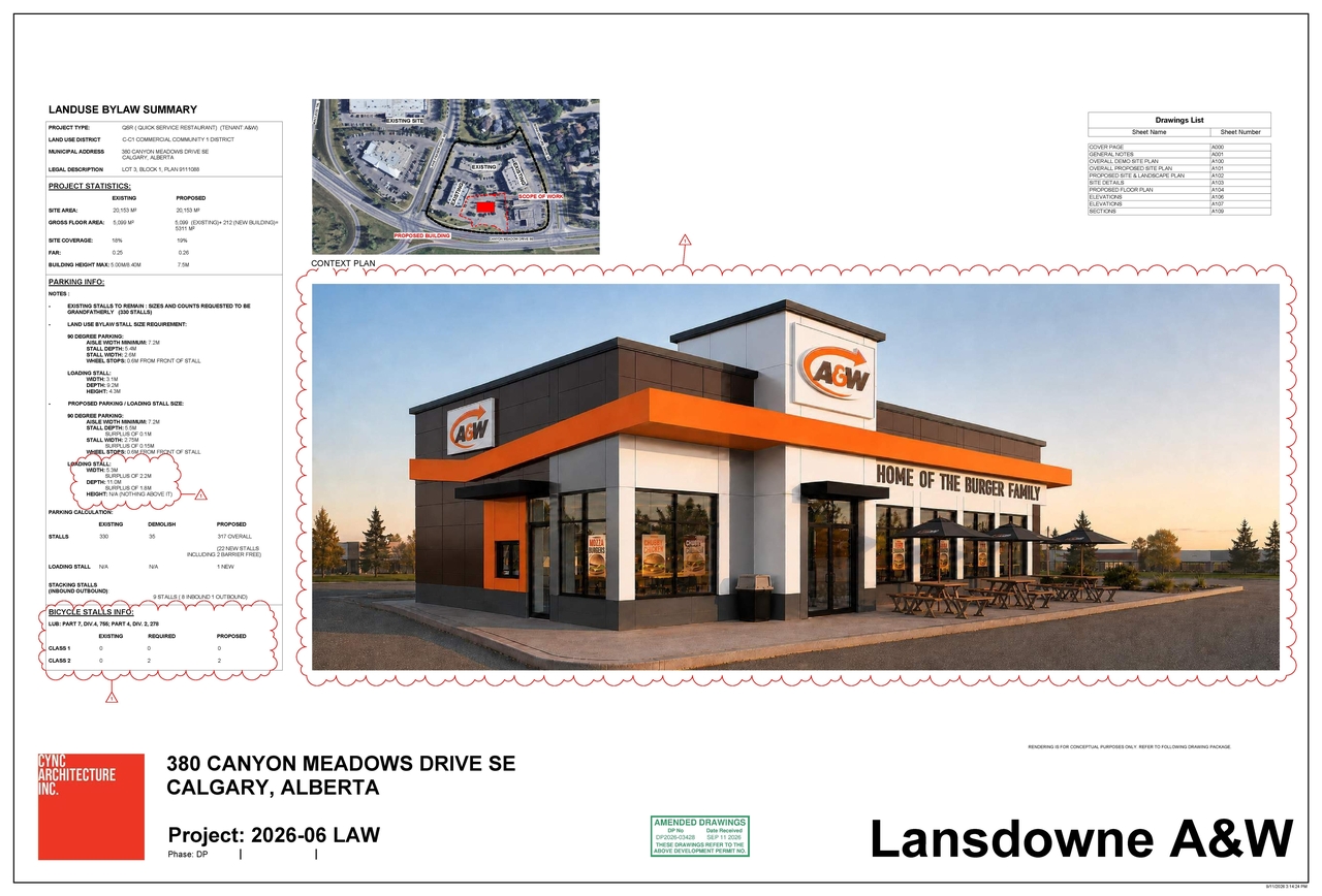 Construction site plan for project from page 1 of the file 'DP2026-03428 DMAP Plans (Amended)2026-09-15 (6MB)'