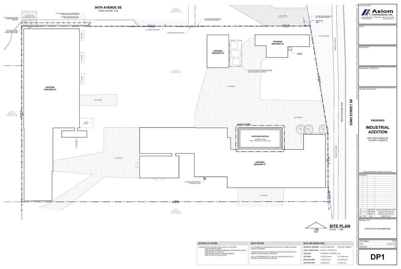 Construction site plan for project from page 1 of the file 'DP2026-04011 DMAP Plans Submitted (1MB) 2026-07-09'