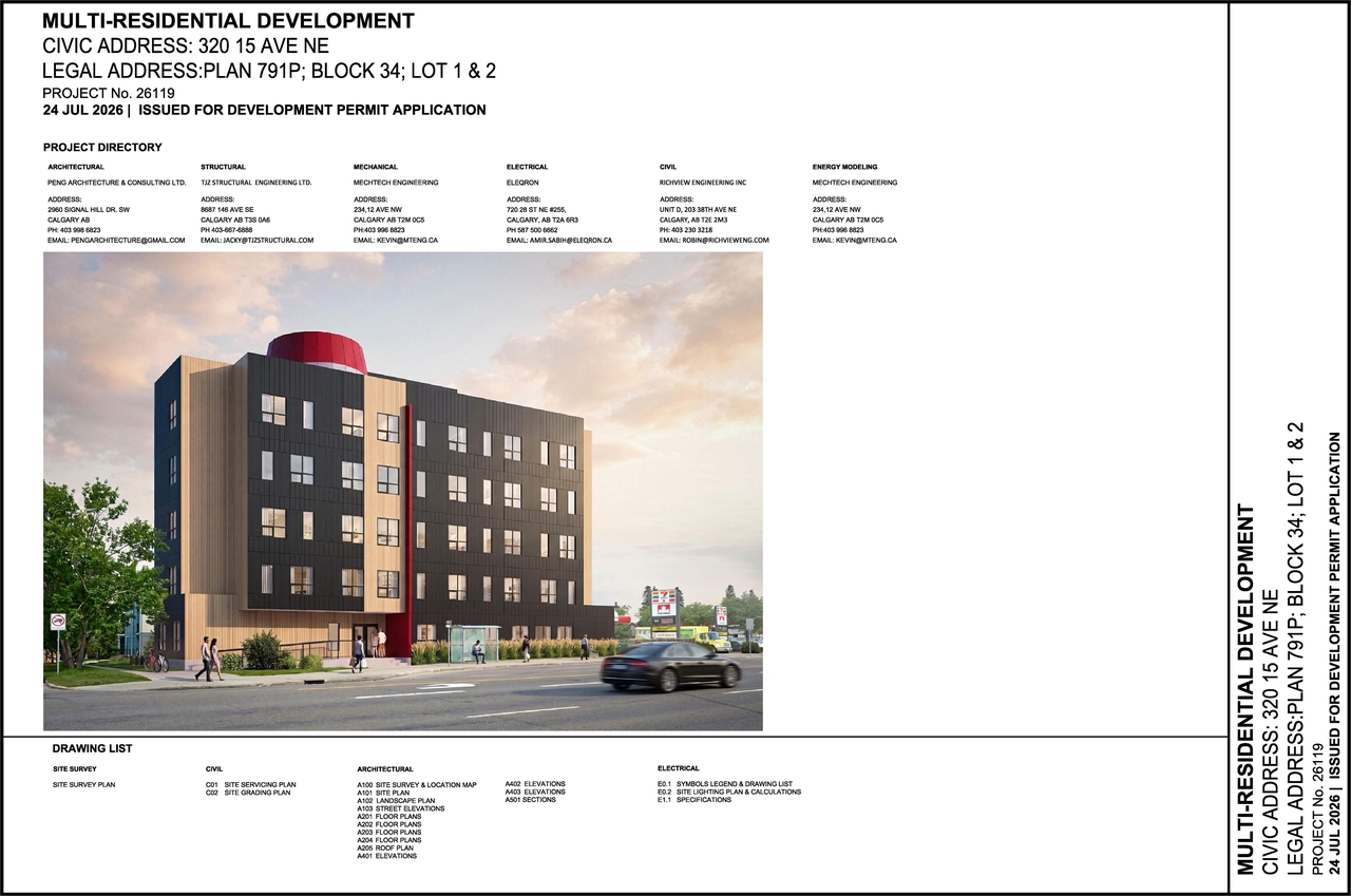Rendering of building from page 1 of the file 'DP2026-04337 DMAP Plans Submitted (4MB) 2026-07-27'