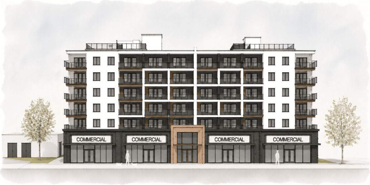 Rendering of building from page 4 of the file 'DP2026-05414 DMAP Plans (Submitted) 2026-09-18 (7MB)'