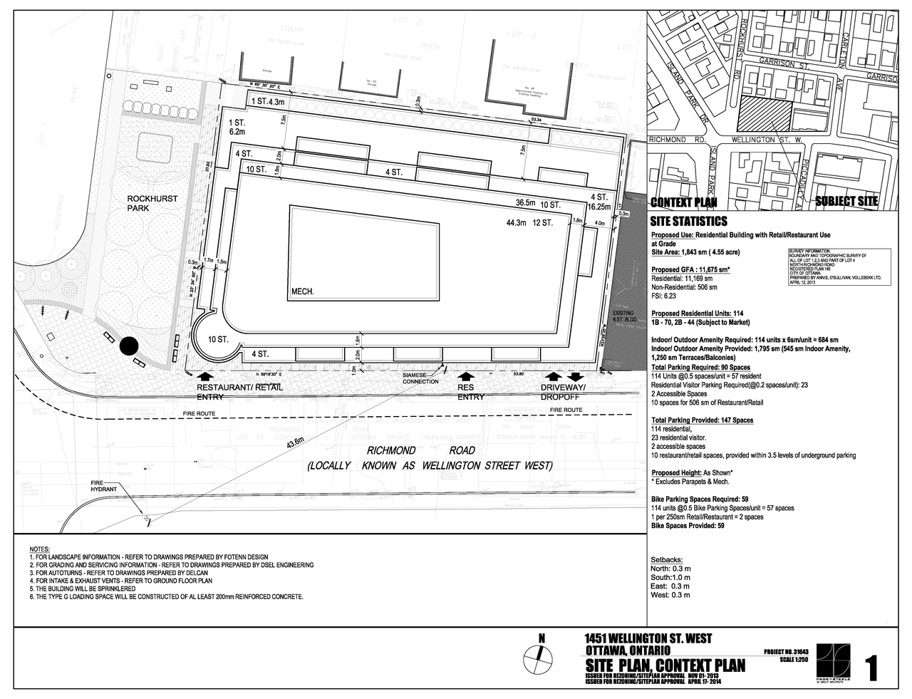 Construction site plan for project from page 1 of the file 'D01-01-13-0019 Site Plan, Floor Plans, Elevations - Revised April 2014'