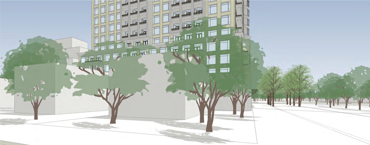 Rendering of building from page 6 of the file 'D01-01-13-0019 Perspective Views - April 2014'