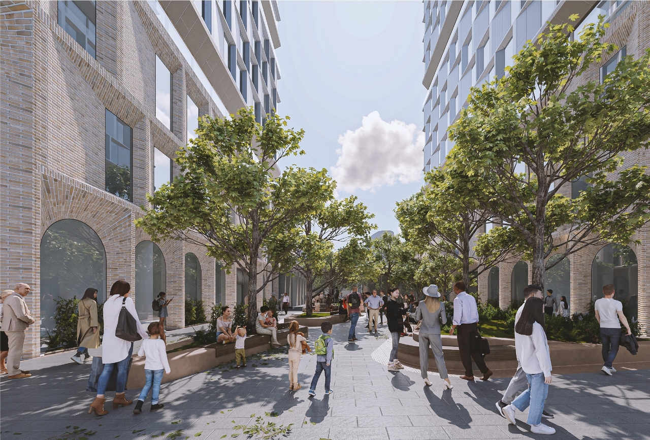 Rendering of building from page 10 of the file '2025-09-03 - SDRP Design Brief - Package 3 - D01-01-20-0019'