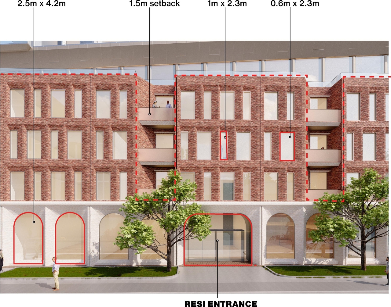 Rendering of building from page 24 of the file '2025-09-03 - SDRP Design Brief - Package 3 - D01-01-20-0019'