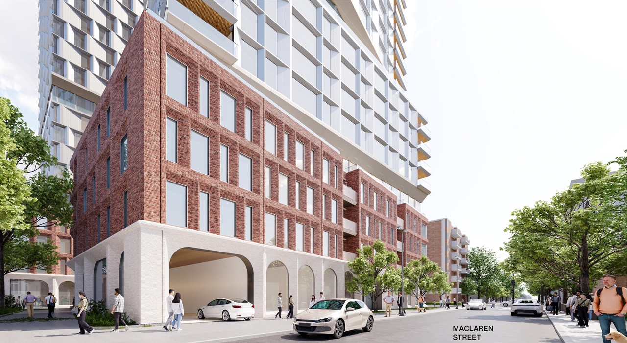 Rendering of building from page 30 of the file '2025-09-03 - SDRP Design Brief - Package 3 - D01-01-20-0019'