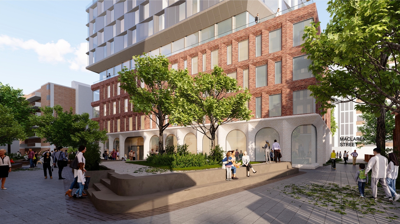 Rendering of building from page 33 of the file '2025-09-03 - SDRP Design Brief - Package 3 - D01-01-20-0019'