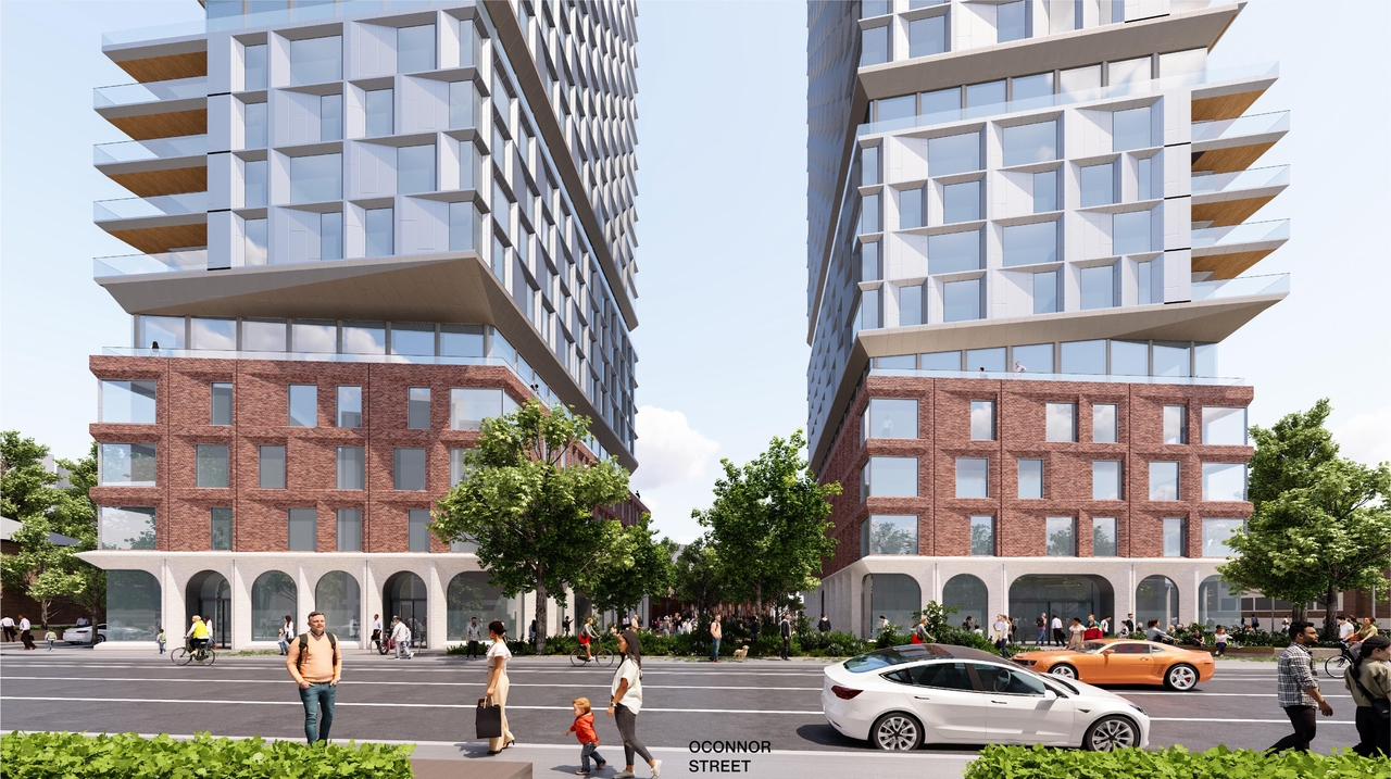 Rendering of building from page 42 of the file '2025-09-03 - SDRP Design Brief - Package 3 - D01-01-20-0019'