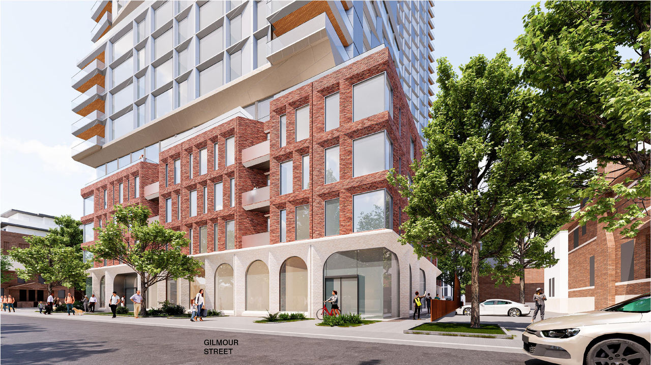 Rendering of building from page 43 of the file '2025-09-03 - SDRP Design Brief - Package 3 - D01-01-20-0019'