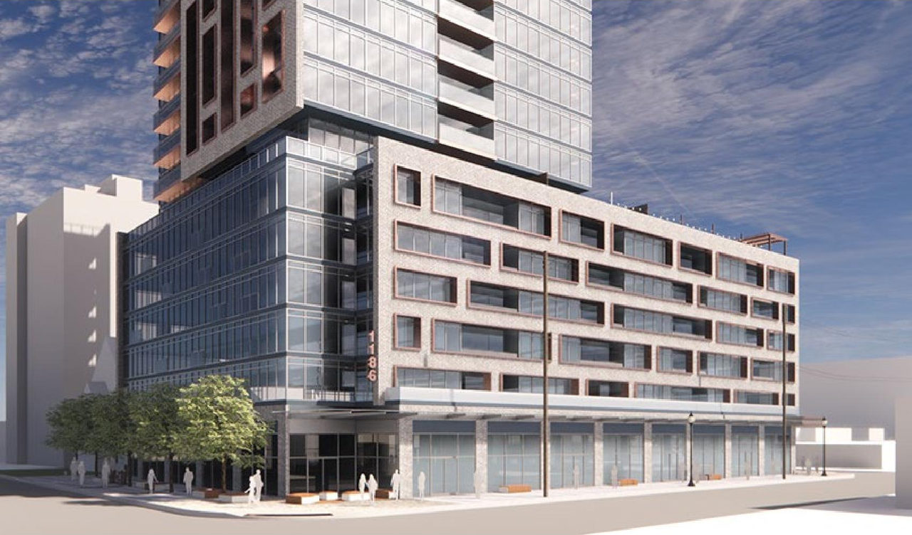 Rendering of building from page 1 of the file '2021-06-30 - Planning Rationale and Design Brief - D01-01-21-0011'