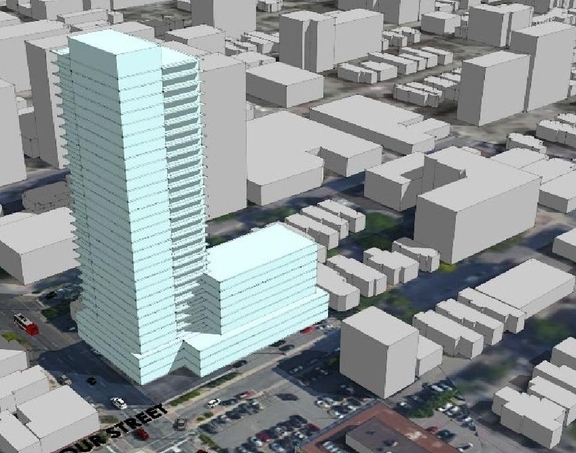 Rendering of building from page 13 of the file '2023-08-01 - Design Brief Revision No 2 - D01-01-21-0015'