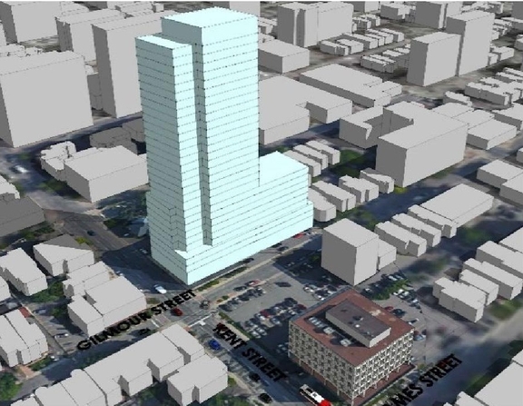 Rendering of building from page 13 of the file '2023-08-01 - Design Brief Revision No 2 - D01-01-21-0015'