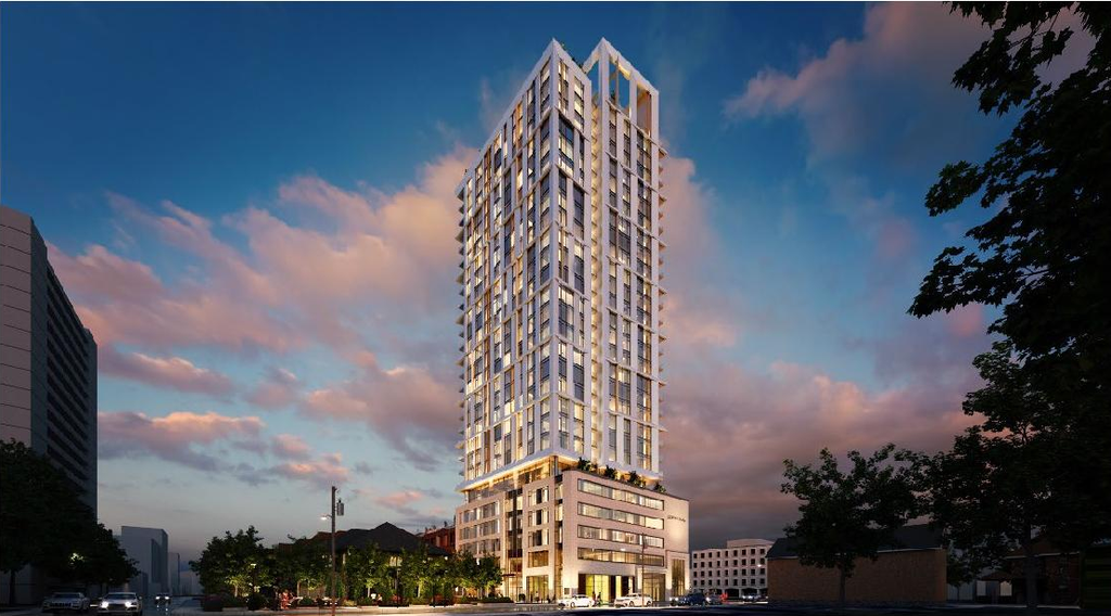 Rendering of building from page 7 of the file '2023-08-01 - Design Brief Revision No 2 - D01-01-21-0015'