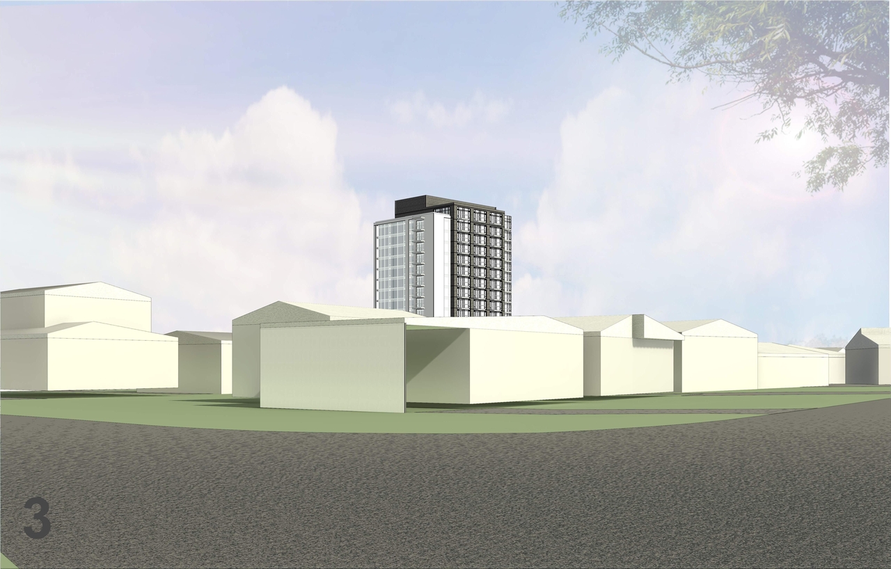 Rendering of building from page 11 of the file '2023-06-16 - Context, Site, Floor, Elevation, Sections, 3D Views, Sunshade,Plans - D01-01-23-0010'