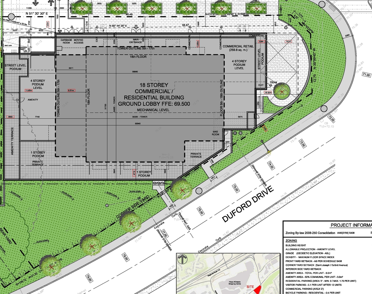 Construction site plan for project from page 16 of the file '2024-03-19 - Urban Design Review Panel Slide Deck - D01-01-23-0010'