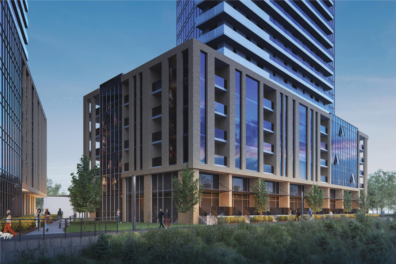 Rendering of building from page 32 of the file '2026-07-29 - Signed Urban Design Brief - D01-01-24-0027'