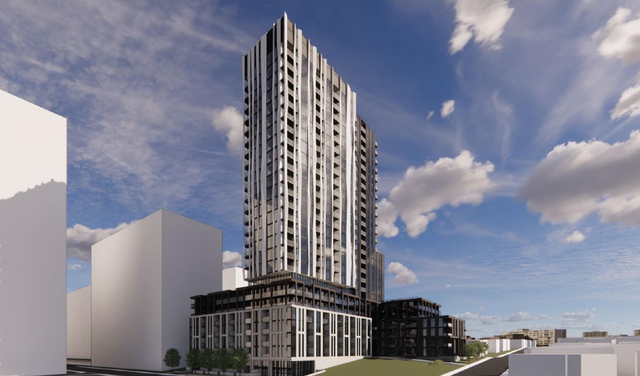 Rendering of building from page 1 of the file '2025-12-24 - Planning Rationale & Urban Design Brief - D01-01-25-0027 & D02-02-25-0103'